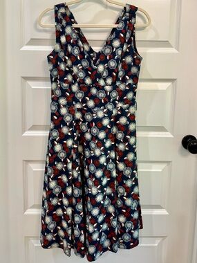 Heart of Haute Retro Floral A-Line Dress Sleeveless Mod Pockets Navy Red M
